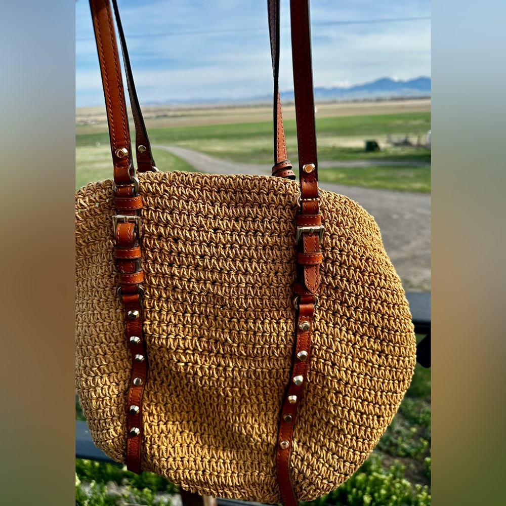 Michael Kors Brown Woven Raffia Tote with Leather Straps